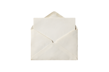 An open, off-white envelope with a blank white sheet of paper peeking out from the top, against a pure white background, suggesting communication or a message