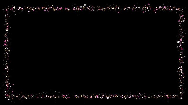 Pink and gold glitter confetti rectangular frame on black background