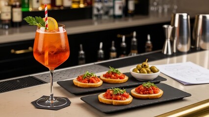 Artisanal Tapas and Classic Aperol Spritz cocktail on Elegant Bar counter