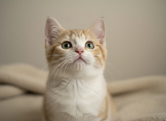 Domestic kitten with orange and white fur looking upward with alert eyes on soft beige background, showing curious and gentle expression in natural light