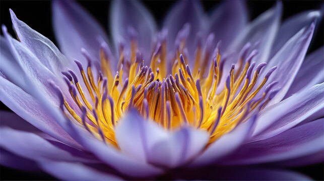 Macro Shot of a Purple Water Lily Blossom with Golden Stamens on a Black Background - Powered by Adobe