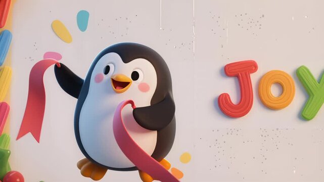 A joyful penguin mascot cute cartoon holiday ribbon festive decoration winter celebration cheerful smile playful character pastel color 3d render happy mood penguin cartoon festive holiday christmas
