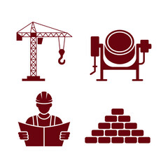 Construction site silhouette collection with crane with hook, cement mixer, male construction worker reading blueprints, and brick stack. Vector illustration.