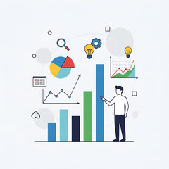 Business Professional Presenting Data Analytics and Financial Growth Charts with Marketing Research Icons and Idea Symbols