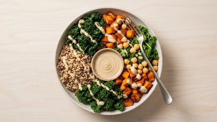 Balanced and Nutritious Vegan Bowl with Kale, Sweet Potatoes, and Chickpeas