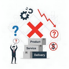 Business Crisis Illustration with Stressed Businessman, Decreasing Revenue Graph, Broken Gears, and Product Service Delivery Issues