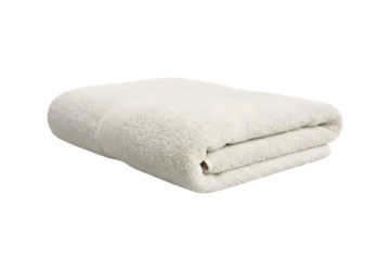 A clean, folded, fluffy, white, and soft textile, likely a bath towel, presented on a plain white background