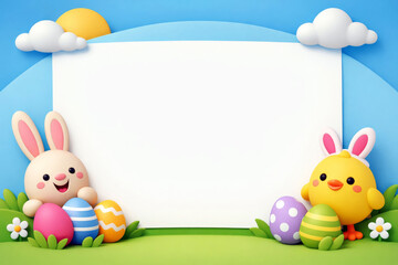 Happy Easter Bunny and Chick with Colorful Eggs