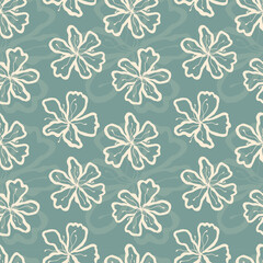 Flowers doodle pattern, floral stylized contour drawing flowers on pastel blue background.