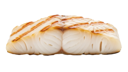 Grilled cod fillet isolated PNG on transparent background, delicious flaky white fish with grill marks for healthy eating and seafood concepts
