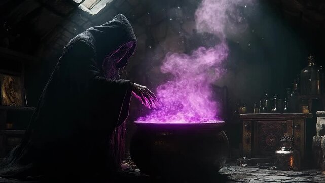 Within an ominous shadowy chamber a male sorcerer brews mystical potions, employing his remarkable alchemical skills to unravel the hidden secrets of the universe amidst ancient and powerful artifacts