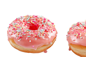 Two delicious donuts with pink frosting isolated on transparent background