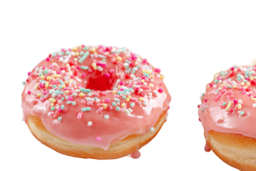 Two delicious donuts with pink frosting isolated on transparent background