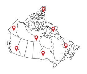  Canada with Red Location Pins for travel vector illustration