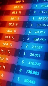 Looping 3D render of colorful trading spreadsheet interface with glowing rows, dollar values, percent change and trend icons. Abstract fintech market data grid for business and economy.