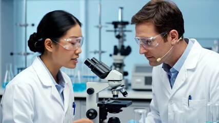 Researchers examine sample in laboratory microscope