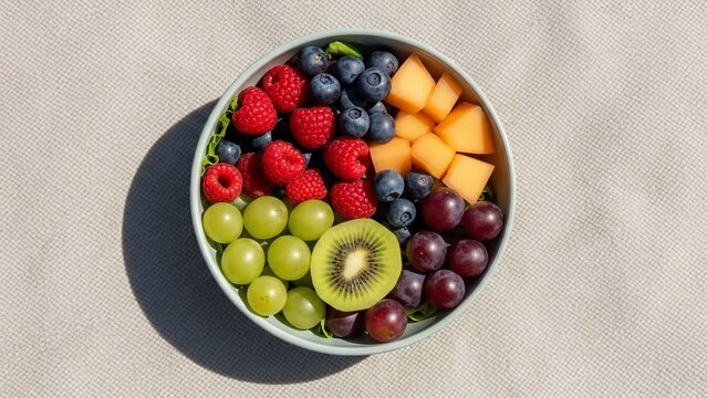 Overhead View of Lush Fruit Salad in Ceramic Bowl on Neutral Background