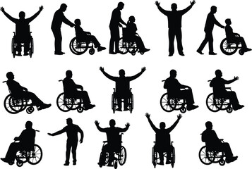 Wheelchair and standing figure silhouette set, inclusive interaction poses, disability support theme, black vector artwork, white background