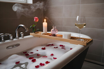 Bubbles rose petals and wine in a bathtub with a wooden tray and candles wine glass