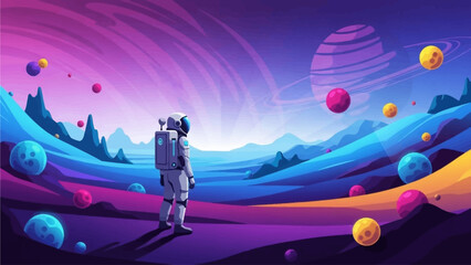 A lone astronaut stands on a fantastical alien world, gazing at a breathtaking cosmic landscape filled with colorful planets.