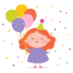 A cute girl wearing a birthday hat is holding a bunch of balloons and colorful confetti. Flat vector illustration in bright colors. . Vector illustration