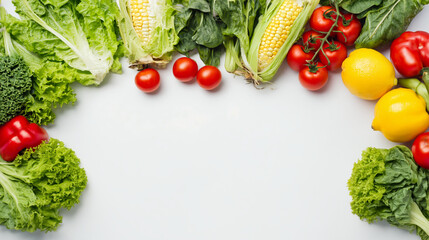 Fresh lettuce kale corn cucumber tomato lemon yellow bell pepper vegetable frame with copy space on white background