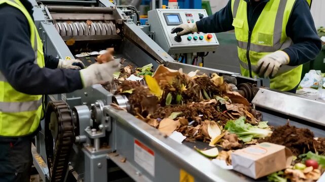 Closeup medium shot of workers managing biowaste recycling machinery focused on maximizing energy yield from biodegradable materials.