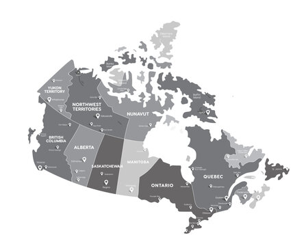 Grayscale Canada Map with Detailed Province Labels and Location Pin Icons