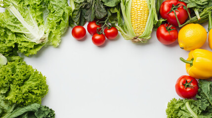 Fresh lettuce kale corn cucumber tomato lemon yellow bell pepper vegetable frame with copy space on white background