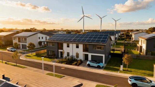 Medium shot of a neighborhood with visible solar arrays and wind turbines demonstrating effective offgrid microgrid solutions for energy independence.