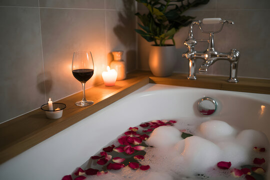 Bubbles and rose petals in a bathtub with a glass of wine and candles on the side - Powered by Adobe