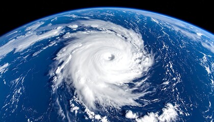 Striking aerial view of a powerful hurricane swirling over a vibrant, blue ocean and part of the Earth's surface