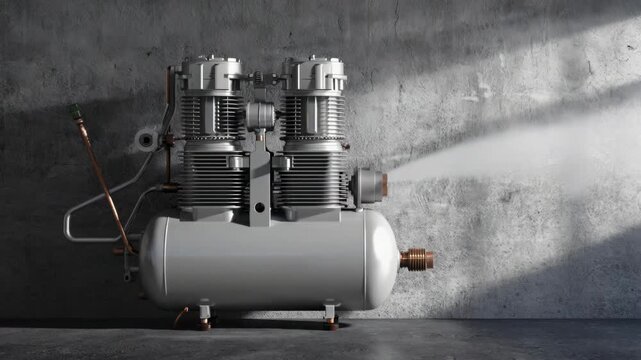 A large industrial engine mounted on a wall in an indoor workshop setting with concrete walls and sunlight streaming in through windows.