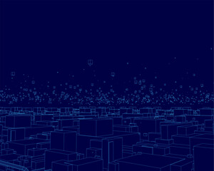 Abstract wireframe cubes and dots form a geometric pattern on a solid blue background. This vector illustration features a clean, modern design with a three-dimensional feel.