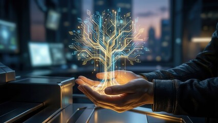 Hands Holding Digital Tree Hologram. Ai generation