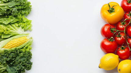 Fresh lettuce kale corn cucumber tomato lemon yellow bell pepper vegetable frame with copy space on white background