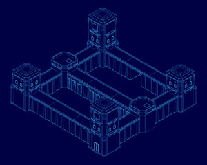 Modular fortress blueprint with a detailed clock tower and intricate temple design. The white wireframe stands out against the stark blue background.