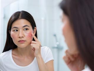 Woman Examining Skin in Mirror - Acne, Blemish, Skincare Concern