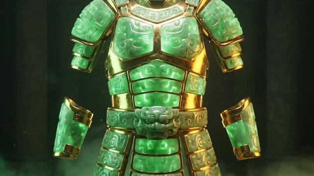 Ornate jade and gold armor with dragon relief, carved patterns and glowing accents, levitating above a stone pedestal in a shadowed ancient chamber as a legendary guardian relic