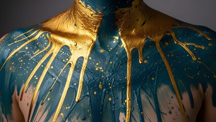 High-fashion studio shot of model torso with gold and teal acrylic paint splashes, artistic body paint concept, vibrant texture, creative contemporary art photography
