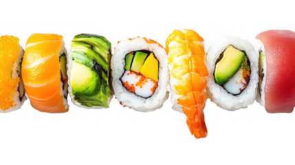 Fresh Rainbow Sushi Rolls with Salmon, Tuna, and Avocado Isolated on White