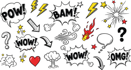 Comic speech bubbles with expression text and effects isolated on white background hand drawn doodle sketch vector illustration for comics design elements