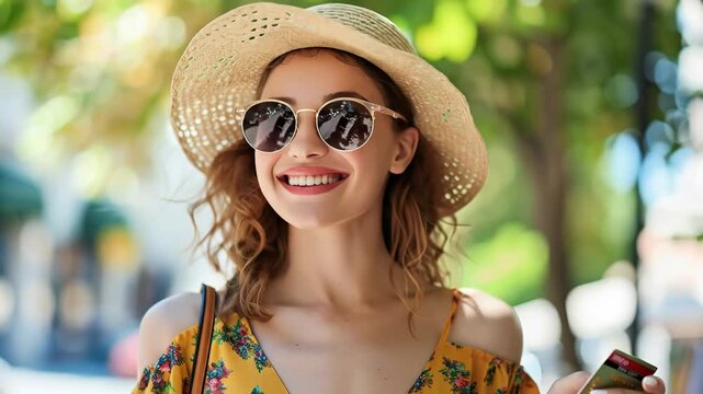 Smiling young woman wearing a sunhat and sunglasses outdoors on a sunny day.