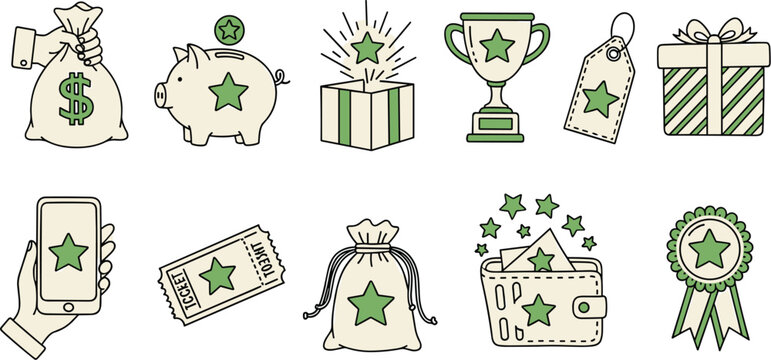 Collection of loyalty program icons isolated on white background, featuring money bag, piggy bank, gift box, trophy, tag, smartphone, ticket, wallet, and badge