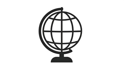 Black and white icon featuring a globe with gridlines, atop a curved stand, set on a clean, white background