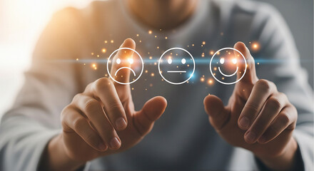 Person touching three floating emoji faces with different expressions hands