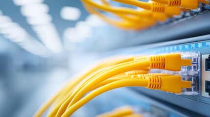 Colorful yellow network cables link to a sleek server in an advanced data center filled with cutting-edge technology. The scene reflects the pulse of digital connectivity and communication
