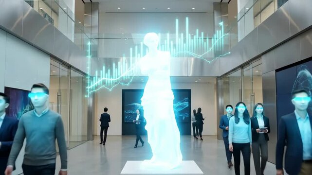 Business professionals are navigating a modern office space, interacting with digital tablets, and observing a holographic venus de milo augmented with financial growth charts and data visualization