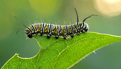 Striking caterpillar crawling on a leaf, showing its intricate patterns and textures against a blurred green background