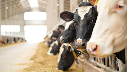 Calm holstein cow eating in sunlit modern dairy barn
